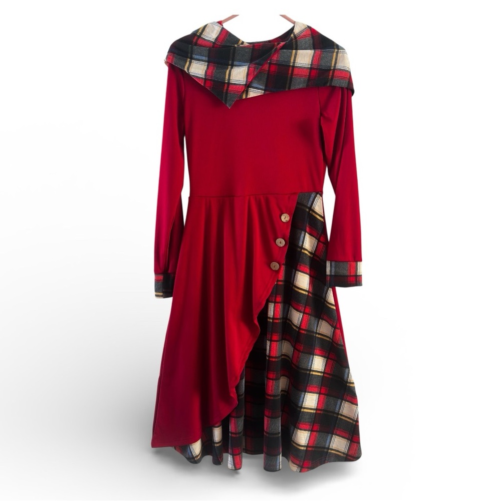 Vtg. Style Gothic Red Plaid/Solid Sheath Midi Dress With Hood Long Sleeves Retro